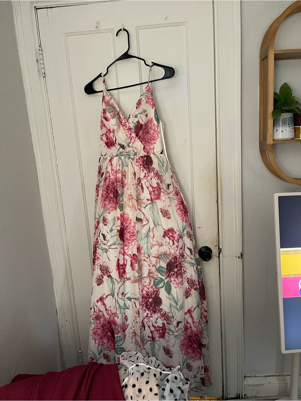 Floral Spaghetti-Strap Maxi prom dress homecoming Dress in Cream and Pink